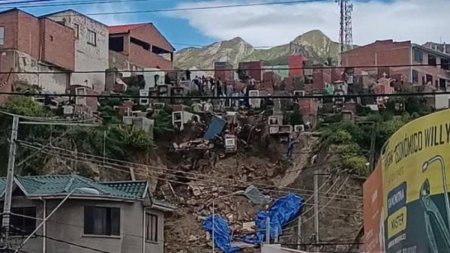 Imagini teribile, cu sicrie scoase la suprafata, dupa ce o alunecare de teren a distrus un cimitir, in Bolivia