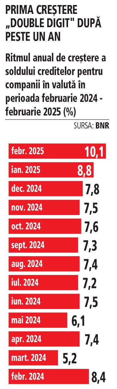 Efectul dobanzilor mai mici: Creditele companiilor in valuta marcheaza primul salt de doua cifre in ultimul an